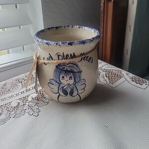 Marshall Texas Pottery Blue Sponge cup pot God Bless Texas Yesteryears w/tag